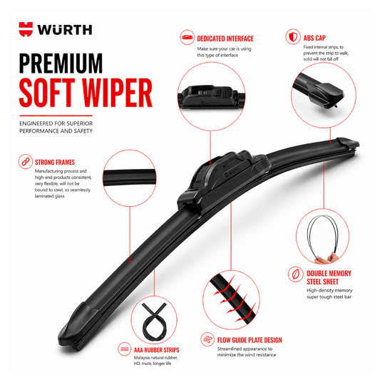 WÜRTH Soft Wiper Blade for Toyota Qualis | 16" + 16" Set | Flat Frameless | Streak-Free