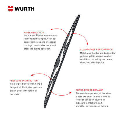 Wurth Metal Wiper Blades for Ford Freestyle – 24” Driver + 20” Passenger (Set of 2) | All-Weather Premium Quality