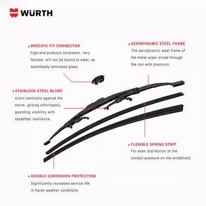 Wurth Metal Wiper Blades for Ford Freestyle – 24” Driver + 20” Passenger (Set of 2) | All-Weather Premium Quality